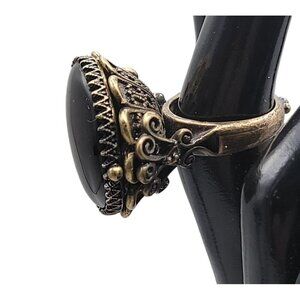 Lucky Brand Ring Faux Onyx Large Cocktail Black Agate Antiqued Gold Tone Size 6